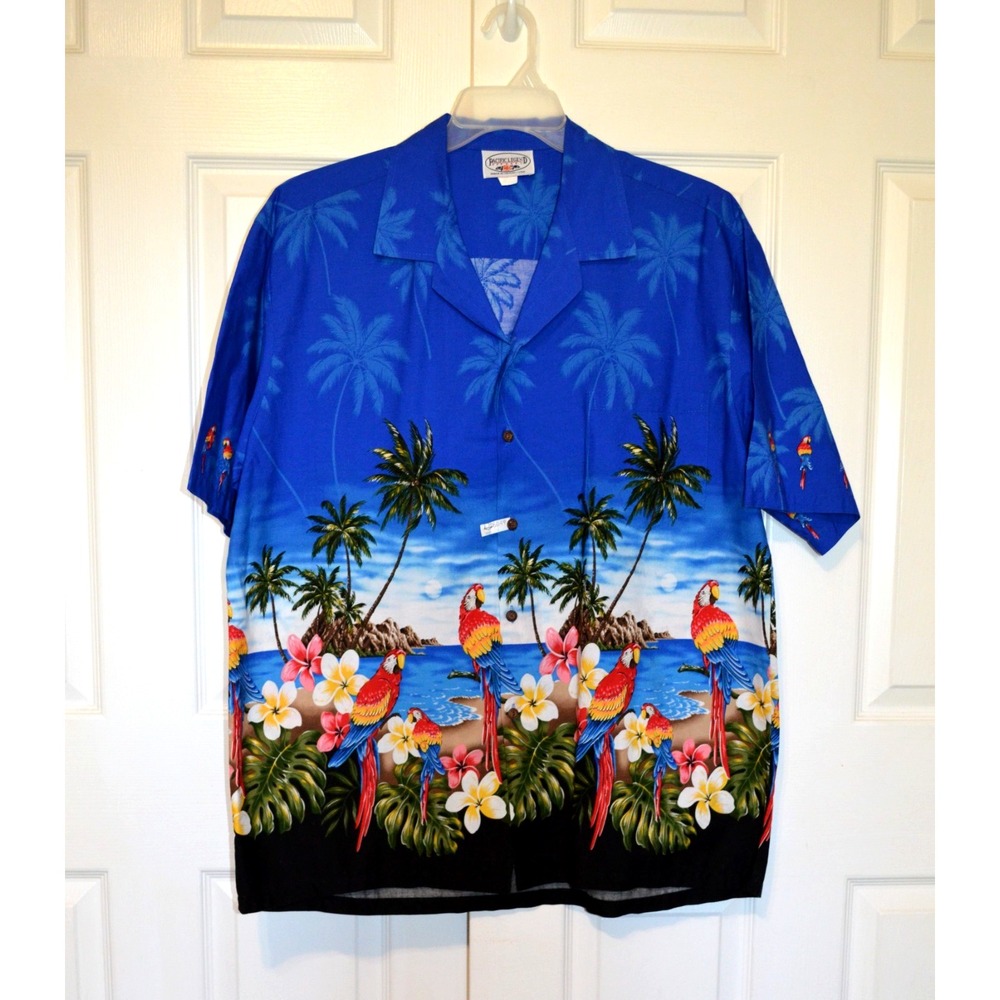 Vintage‎ Pacific Legend Hawaiian Shirt Blue Parrot Print XL EUC